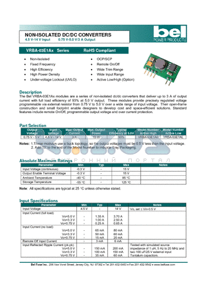 VRBA-03E1A0 datasheet - NON-ISOLATED DC/DC CONVERTERS 4.5 V-14 V Input 0.75 V-5.0 V/3 A Output