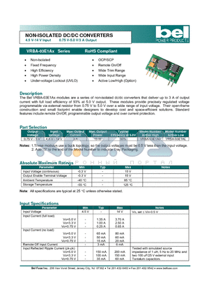 VRBA-03E1AL datasheet - NON-ISOLATED DC/DC CONVERTERS 4.5 V-14 V Input 0.75 V-5.0 V/3 A Output