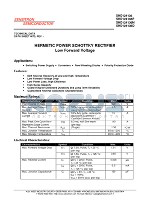 SHD124136 datasheet - HERMETIC POWER SCHOTTKY RECTIFIER Low Forward Voltage