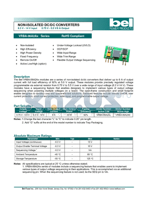 VRBA-06A2AX datasheet - NON-ISOLATED DC/DC CONVERTERS 8.3 V - 14 V Input 0.75 V - 5.5 V/6 A Output