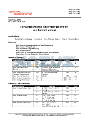 SHD124144 datasheet - HERMETIC POWER SCHOTTKY RECTIFIER Low Forward Voltage