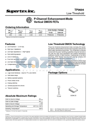 TP0604WG datasheet - P-Channel Enhancement-Mode Vertical DMOS FETs