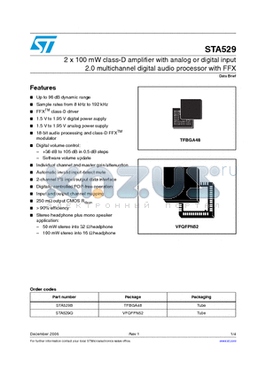 STA529B datasheet - 2 x 100 mW class-D amplifier with analog or digital input 2.0 multichannel digital audio processor with FFX