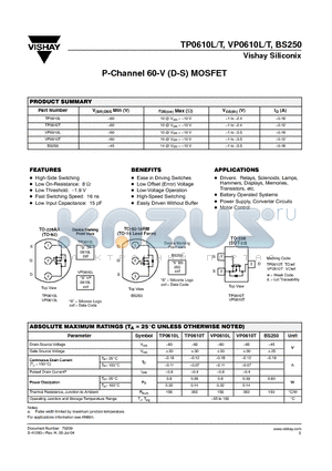 TP0610T datasheet - P-Channel 60-V (D-S) MOSFET