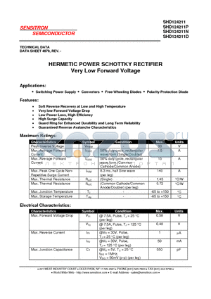 SHD124211D datasheet - HERMETIC POWER SCHOTTKY RECTIFIER Very Low Forward Voltage