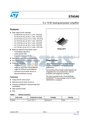 STA540 datasheet - 4 x 13 W dual/quad power amplifier