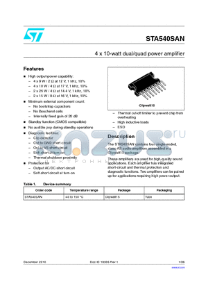 STA540SAN datasheet - 4 x 10-watt dual/quad power amplifier