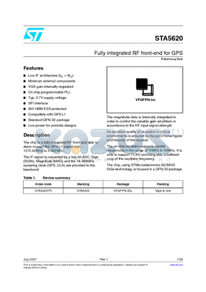 STA5620TR datasheet - Fully integrated RF front-end for GPS