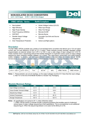 VRBC-10F2A0 datasheet - NON-ISOLATED DC/DC CONVERTERS 2.4 V - 5.5 V Input 0.75 V - 3.63 V/10 A Output