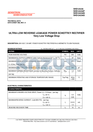 SHD124236D datasheet - ULTRA LOW REVERSE LEAKAGE POWER SCHOTTKY RECTIFIER