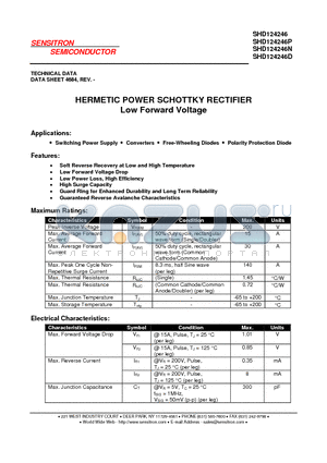 SHD124246 datasheet - HERMETIC POWER SCHOTTKY RECTIFIER Low Forward Voltage