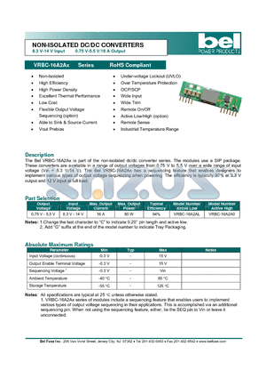 VRBC-16A2A0 datasheet - NON-ISOLATED DC/DC CONVERTERS 8.3 V-14 V Input 0.75 V-5.5 V/16 A Output