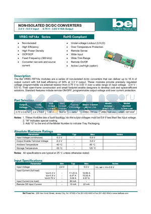 VRBC-16F1AW datasheet - NON-ISOLATED DC/DC CONVERTERS 2.4 V - 5.5 V Input 0.75 V - 3.63 V/16A Output