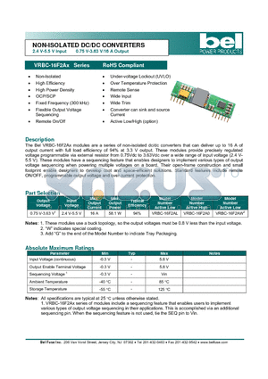 VRBC-16F2A0 datasheet - NON-ISOLATED DC/DC CONVERTERS 2.4 V-5.5 V Input 0.75 V-3.63 V/16 A Output