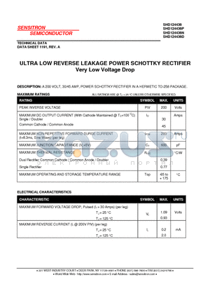 SHD124436 datasheet - ULTRA LOW REVERSE LEAKAGE POWER SCHOTTKY RECTIFIER Very Low Voltage Drop