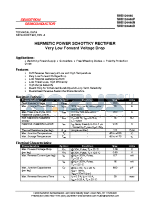 SHD124446 datasheet - HERMETIC POWER SCHOTTKY RECTIFIER Very Low Forward Voltage Drop