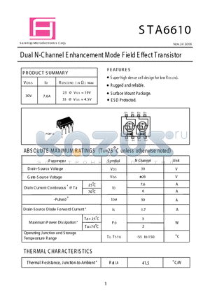 STA6610 datasheet - Dual N-Channel E nhancement Mode F ield E ffect Transistor