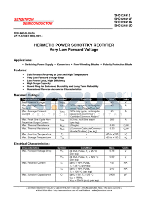 SHD124512P datasheet - HERMETIC POWER SCHOTTKY RECTIFIER Very Low Forward Voltage