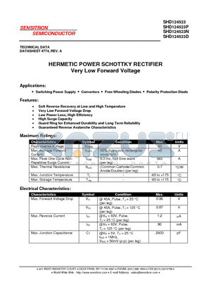 SHD124523N datasheet - HERMETIC POWER SCHOTTKY RECTIFIER Very Low Forward Voltage