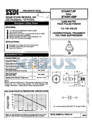 STA9K7.5P datasheet - 9000 WATTS PEAK PULSE POWE 7.5-100 VOLTS UNIDIRECTIONAL TRANSIENT VOLTAGE SUPPRESSOR