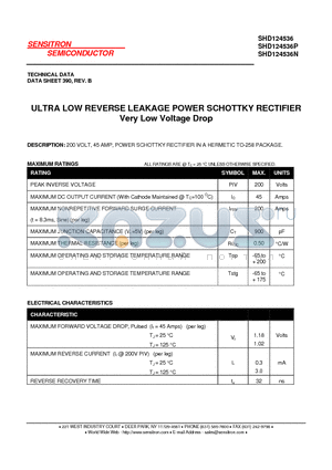SHD124536 datasheet - ULTRA LOW REVERSE LEAKAGE POWER SCHOTTKY RECTIFIER Very Low Voltage Drop