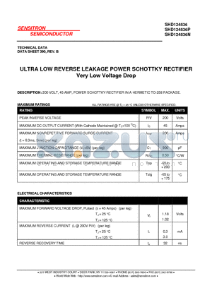 SHD124536P datasheet - ULTRA LOW REVERSE LEAKAGE POWER SCHOTTKY RECTIFIER Very Low Voltage Drop