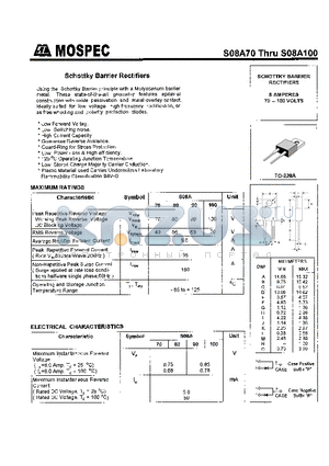 S08A100 datasheet - SCHOTTKY BARRIER RECTIFIERS(8A,70-100V)