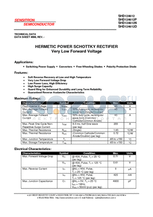 SHD124612 datasheet - HERMETIC POWER SCHOTTKY RECTIFIER Very Low Forward Voltage