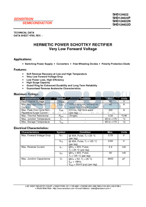 SHD124622D datasheet - HERMETIC POWER SCHOTTKY RECTIFIER Very Low Forward Voltage