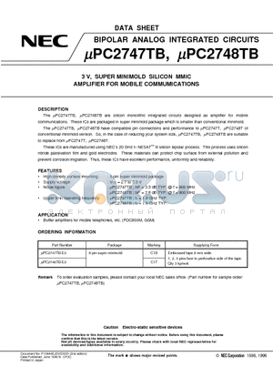 UPC2748TB datasheet - 3 V, SUPER MINIMOLD SILICON MMIC AMPLIFIER FOR MOBILE COMMUMICATIONS