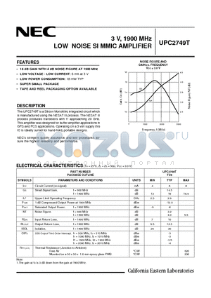 UPC2749T datasheet - 3 V, 1900 MHz LOW NOISE SI MMIC AMPLIFIER