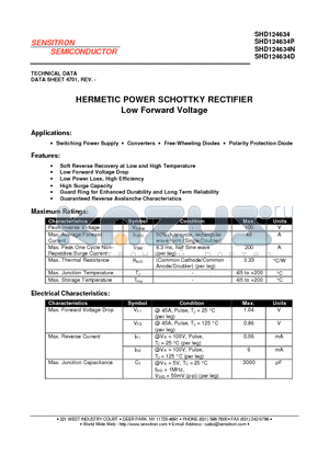 SHD124634 datasheet - HERMETIC POWER SCHOTTKY RECTIFIER Low Forward Voltage