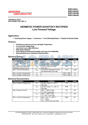 SHD124634D datasheet - HERMETIC POWER SCHOTTKY RECTIFIER Low Forward Voltage