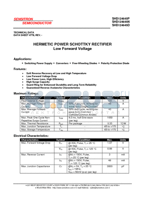 SHD124645D datasheet - HERMETIC POWER SCHOTTKY RECTIFIER Low Forward Voltage