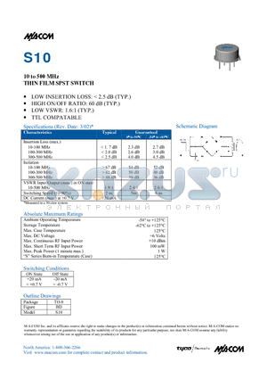 S10 datasheet - 10 to 500 MHz THIN FILM SPST SWITCH