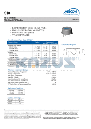 S10 datasheet - 10 to 500 MHz Thin Film SPST Switch