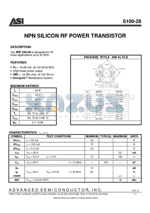 S100-28 datasheet - NPN SILICON RF POWER TRANSISTOR