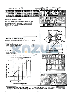 S100-12-2 datasheet - 100 WATTS - 12.5 VOLTS 1.5-30 MHz