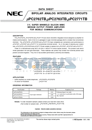 UPC2763TB datasheet - 3 V, SUPER MINIMOLD SILICON MMIC MEDIUM OUTPUT POWER AMPLIFIER FOR MOBILE COMMUNICATIONS