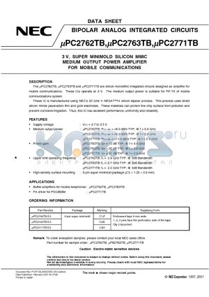 UPC2762TB-E3 datasheet - 3 V, SUPER MINIMOLD SILICON MMIC MEDIUM OUTPUT POWER AMPLIFIER FOR MOBILE COMMUNICATIONS