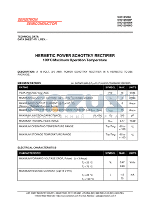 SHD125068P datasheet - HERMETIC POWER SCHOTTKY RECTIFIER 100`C Maximum Operation Temperature