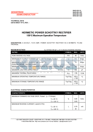 SHD125112P datasheet - HERMETIC POWER SCHOTTKY RECTIFIER 150`C Maximum Operation Temperature