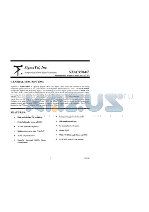 STAC9704 datasheet - Multimedia Audio Codec for AC97