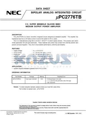 UPC2776TB datasheet - 5 V, SUPER MINIMOLD SILICON MMIC MEDIUM OUTPUT POWER AMPLIFIER