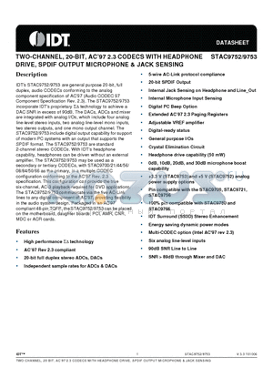 STAC9752XXTAEYYX datasheet - TWO-CHANNEL, 20-BIT, AC97 2.3 CODECS WITH HEADPHONE DRIVE, SPDIF OUTPUT MICROPHONE & JACK SENSING