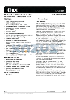 STAC9753A datasheet - AC97 2.3 CODECS WITH STEREO MICROPHONE & UNIVERSAL JACK