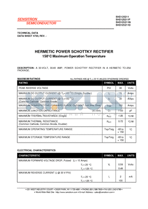 SHD125211 datasheet - HERMETIC POWER SCHOTTKY RECTIFIER 150`C Maximum Operation Temperature