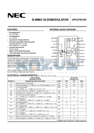 UPC2781GR-E1 datasheet - SI MMIC IQ DEMODULATOR