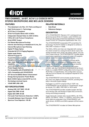 STAC9767XXTAEYYX datasheet - TWO-CHANNEL, 20-BIT, AC97 2.3 CODECS WITH STEREO MICROPHONE AND MIC/JACK SENSING