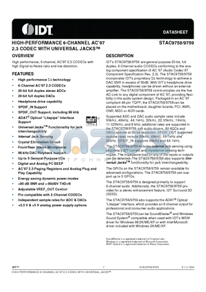 STAC9758 datasheet - HIGH-PERFORMANCE 6-CHANNEL AC97 2.3 CODEC WITH UNIVERSAL JACKS